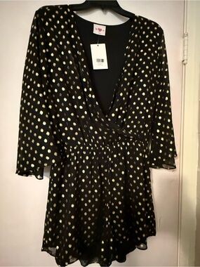 Swoon Boutique Black Long Sleeve Romper with Gold Polka Dots